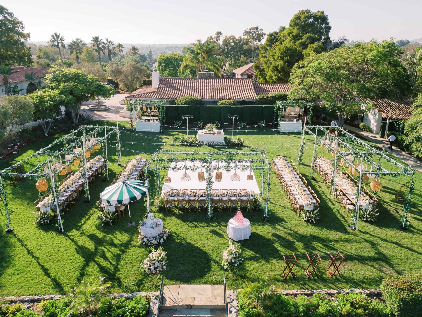 Aerial view of the Croquet Lawn set up and decorated for a wedding