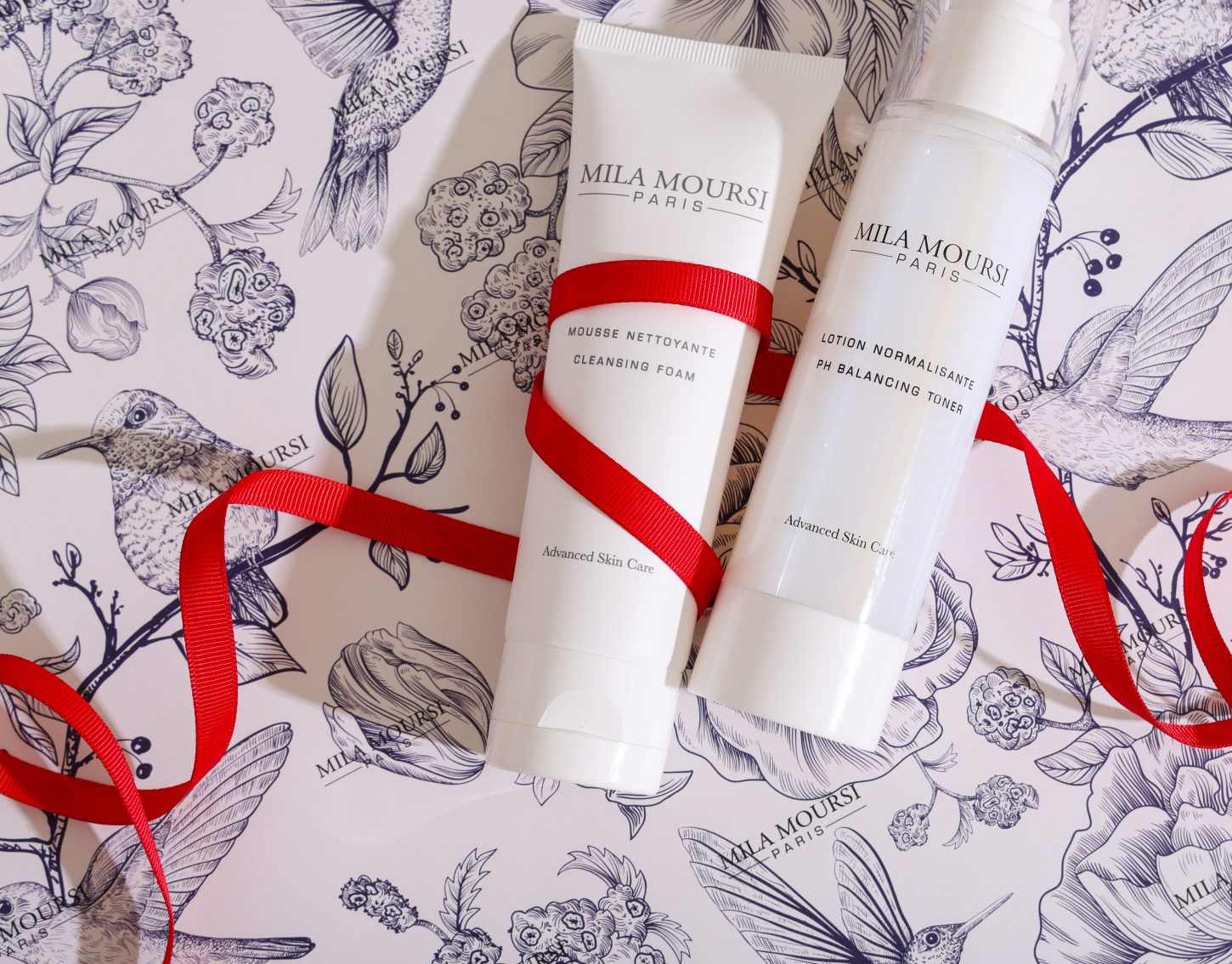 Mila Moursi spa products with holiday ribbon